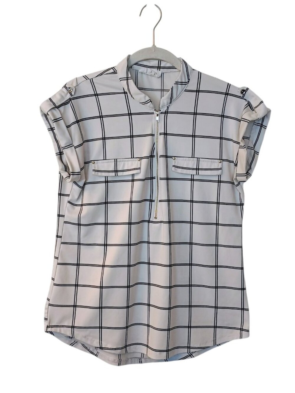 Women's The Workshop White and Black Check 1/4 Zip Cap Sleeve Blouse Size Large